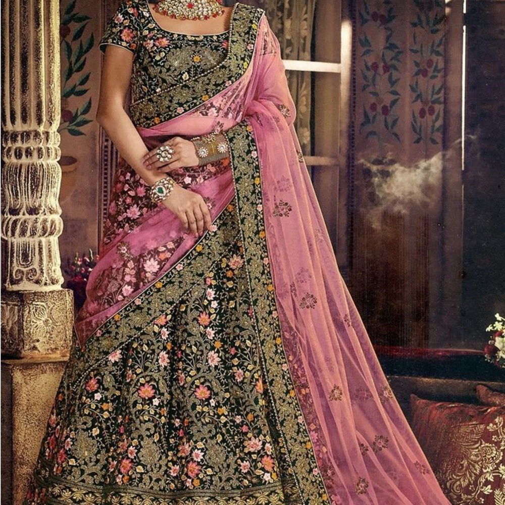 Elegant Pink and Black Embroidered Lehenga